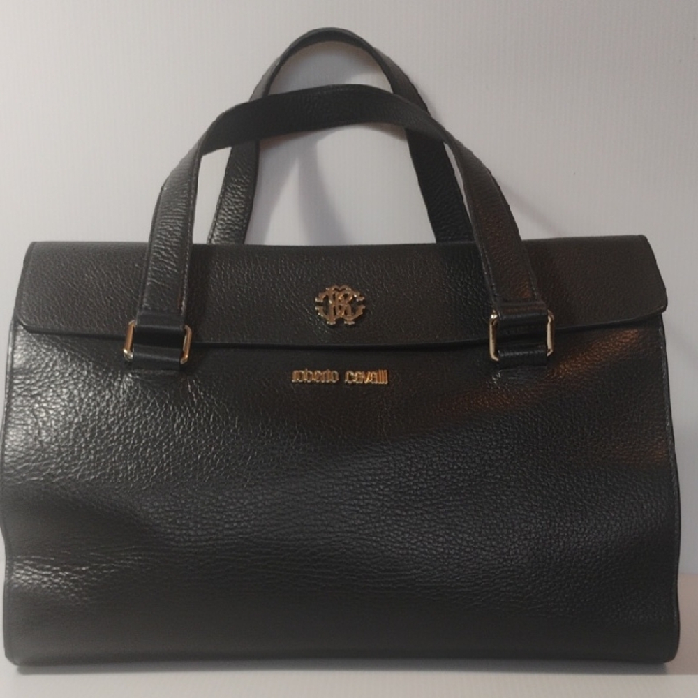 Roberto Cavalli Black Leather Satchel with Gold Hardware